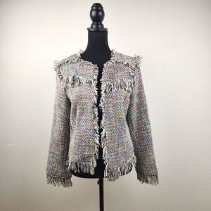 Promesa Colorful Fringe Open Front Tweed BOHO Artsy Statement Jacket Size Large